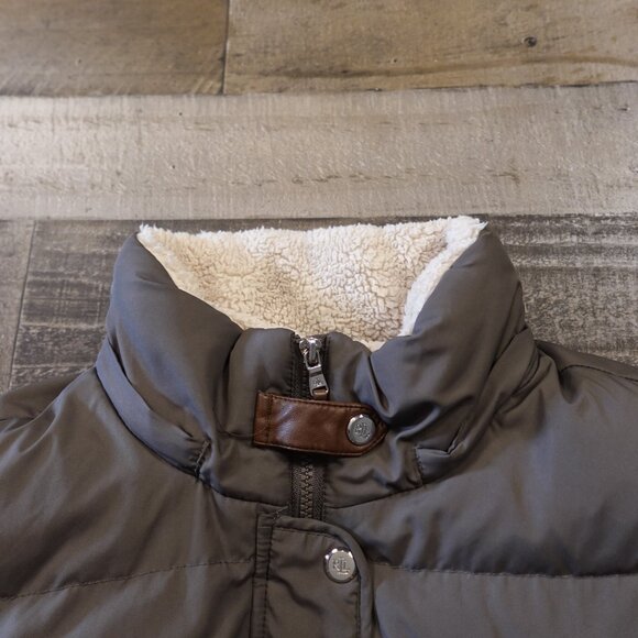 Lauren Ralph Lauren Down Puffer Coat Women’s Large Taupe Hooded Faux Fur - Picture 13 of 16